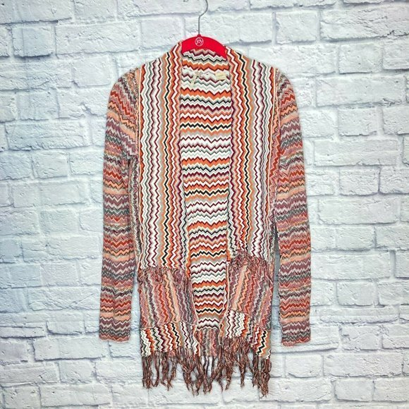 Gimmicks BKE Small S Orange White‎ Fringe Chevron Zig Zag Knit Cardigan Sweater - Picture 1 of 4